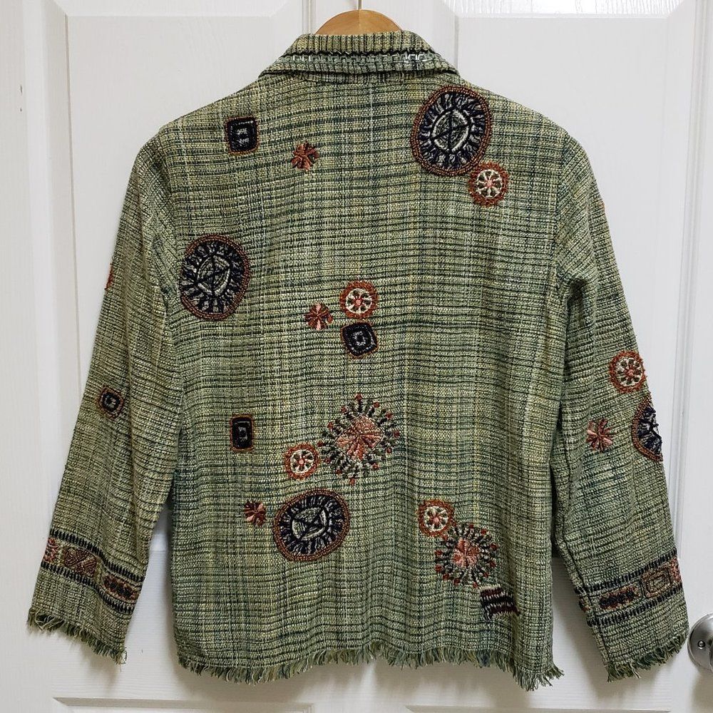 Chico's Green Multi Plaid Silk Blend Embroidered Beaded Fringe Tweed Blazer Sz S - Picture 2 of 14